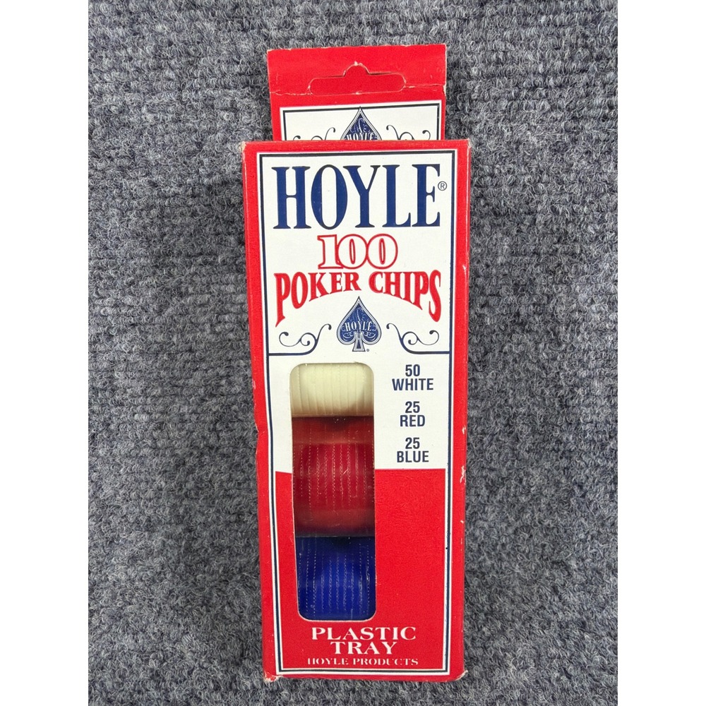 Vintage 1992 Hoyle 100 Poker Chips Set Red White Blue Interlocking Plastic Tray